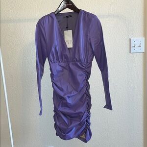 Zara Purple Bodycon Dress Ruched Wrap Long Sleeve